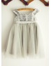 Silver Sequin Ruching Tulle Sash Flower Girl Dress